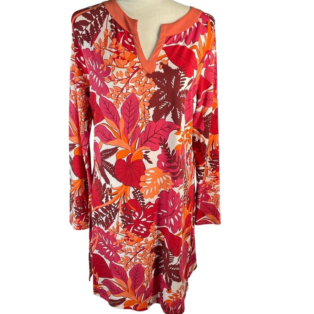 Coolibar Women's Oceanside Tunic Dress Orange Floral Print 3/4 Sleeve Size S